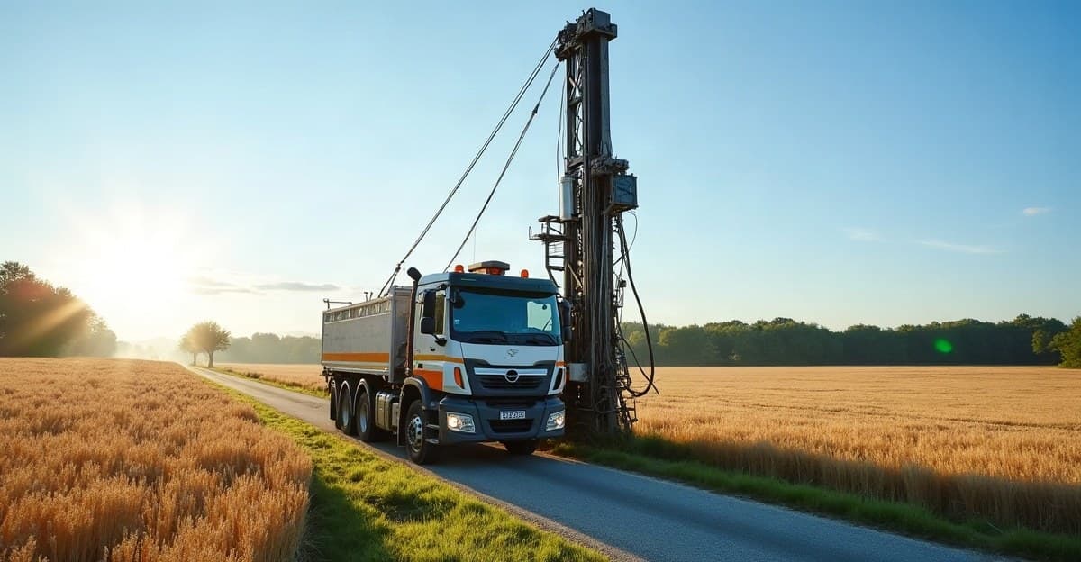 Camion de forage, mât vertical dressé, à l’arrêt sur un chemin entre les champs de céréales du Seuil du Poitou
