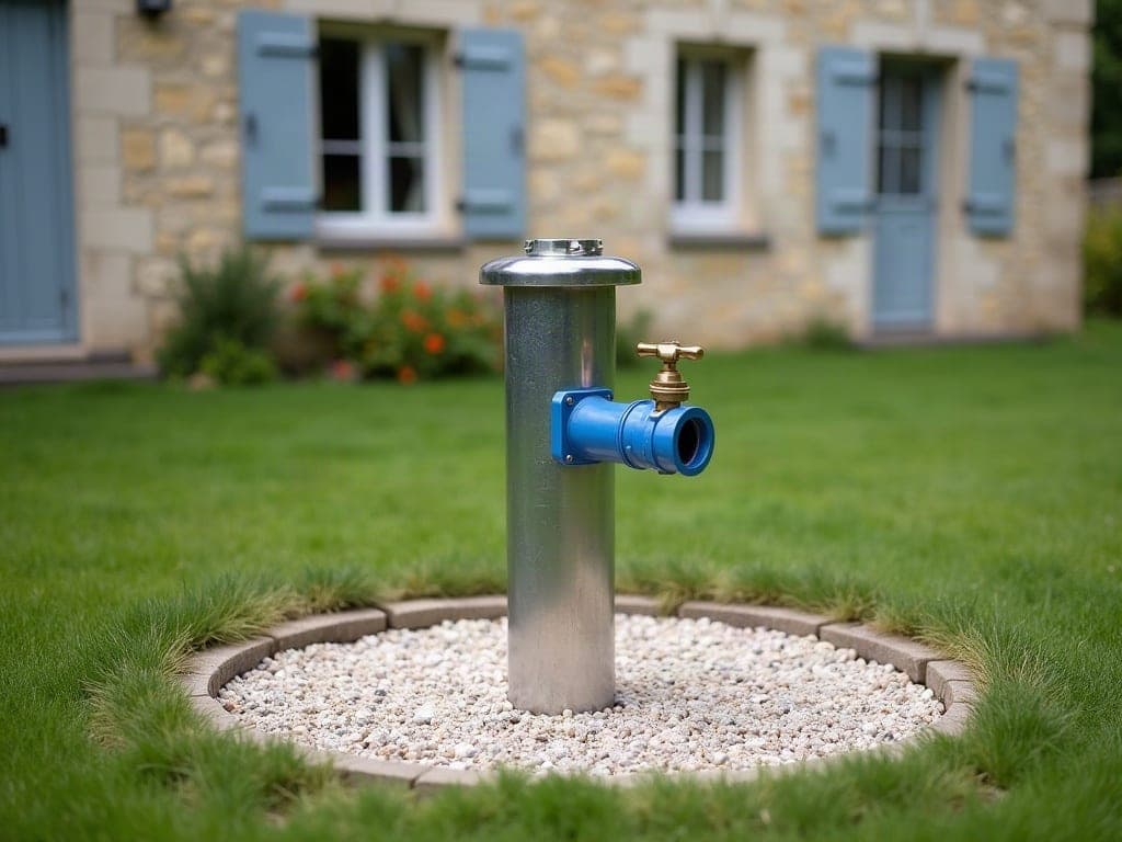 Tête de forage terminée, tubage inox, capot de protection, vanne et robinet de départ sur un lit de gravier
