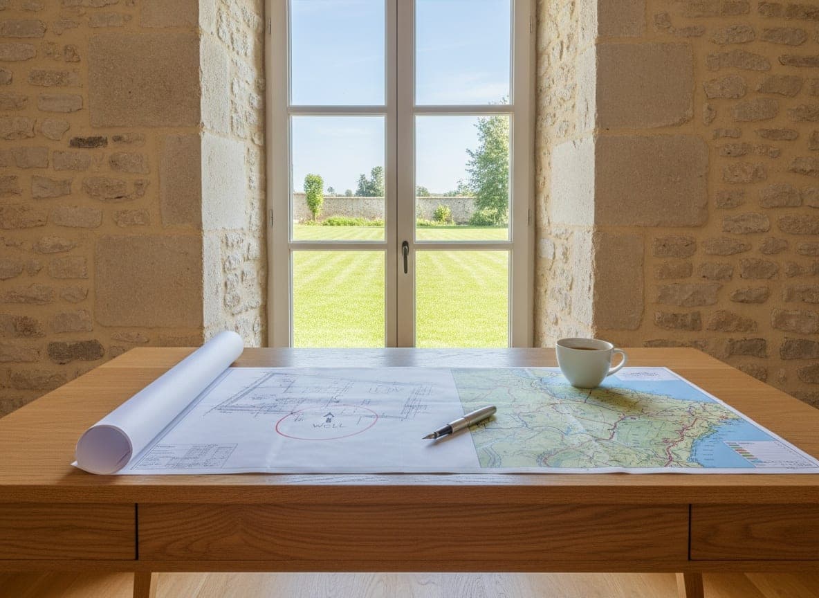 Bureau près d'une fenêtre avec le plan du jardin, l'emplacement du forage entouré et la carte géologique de la Vienne