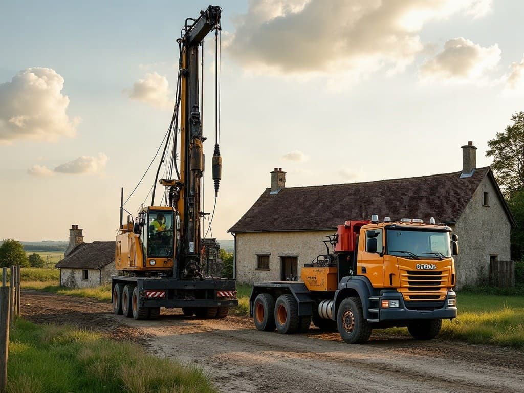 Foreuse au mât vertical dressé en action, tiges de forage rangées, intervention devant une ferme en pierre blonde