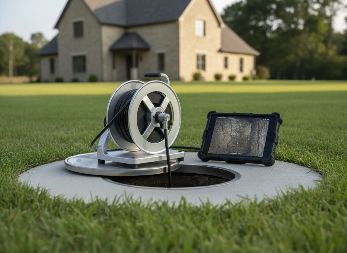 Caméra d'inspection et tablette posées sur la dalle d'un forage ouvert, pour voir l'intérieur de l'ouvrage