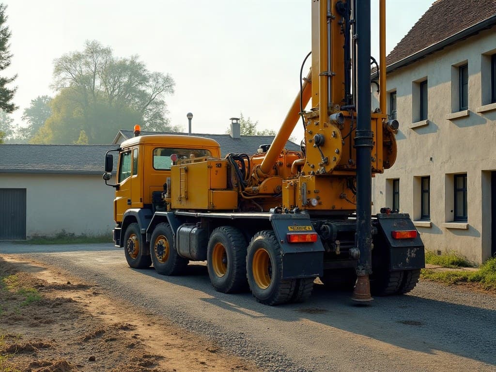 Foreuse au mât dressé devant une maison en pierre du Poitou pour la remise en état d'un forage existant