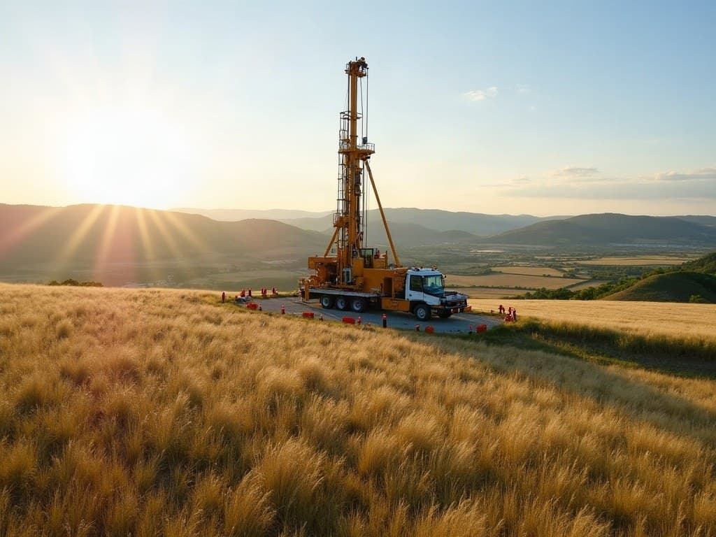 Foreuse au mât dressé dans un champ de céréales au lever du jour, collines du Poitou à l'horizon