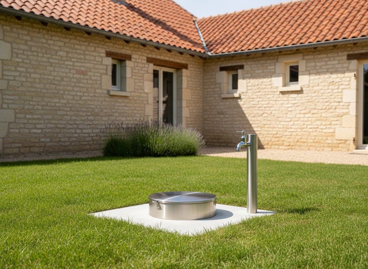 Forage terminé au jardin, dalle de béton au ras de la pelouse, capot inox fermé et robinet neuf