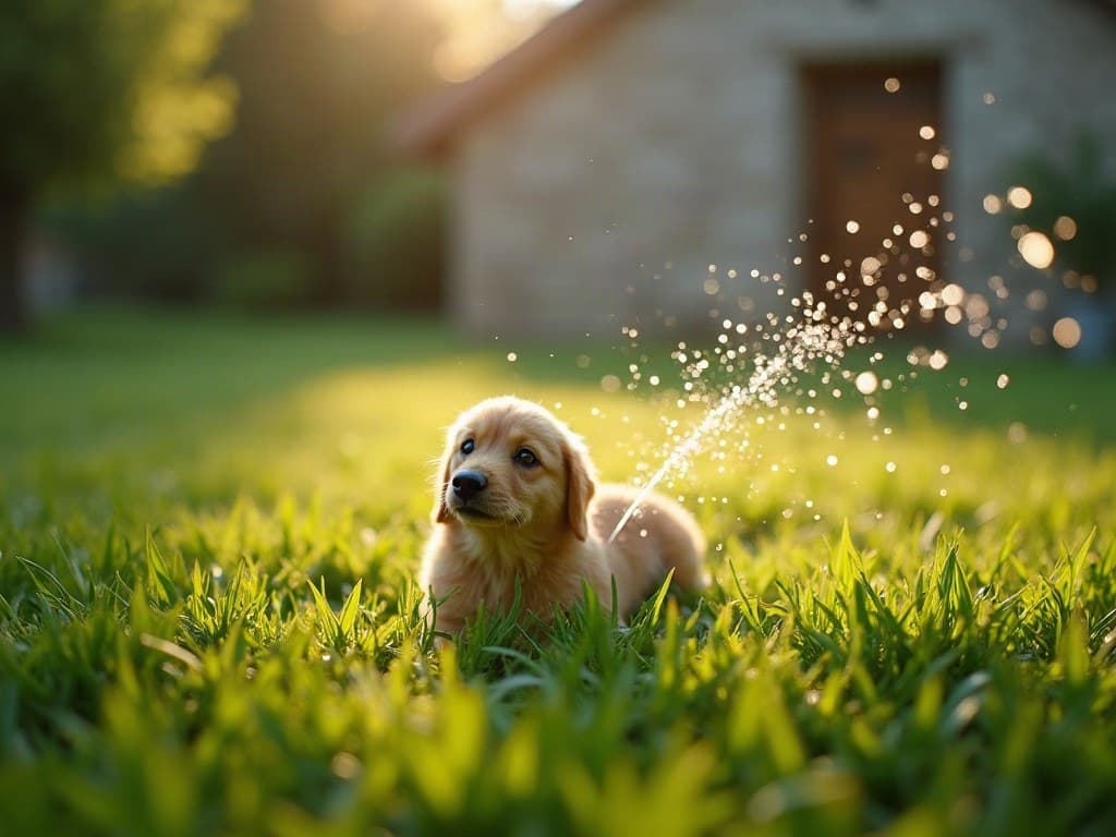 Pelouse arrosée au jet dans le jardin d'une maison en pierre blonde du Poitou, un chiot au premier plan
