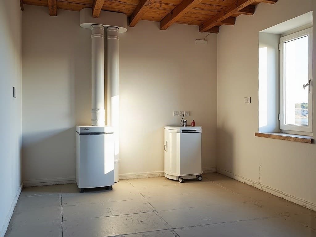 Pompe à chaleur géothermique neuve dans un local technique propre, tuyauteries isolées