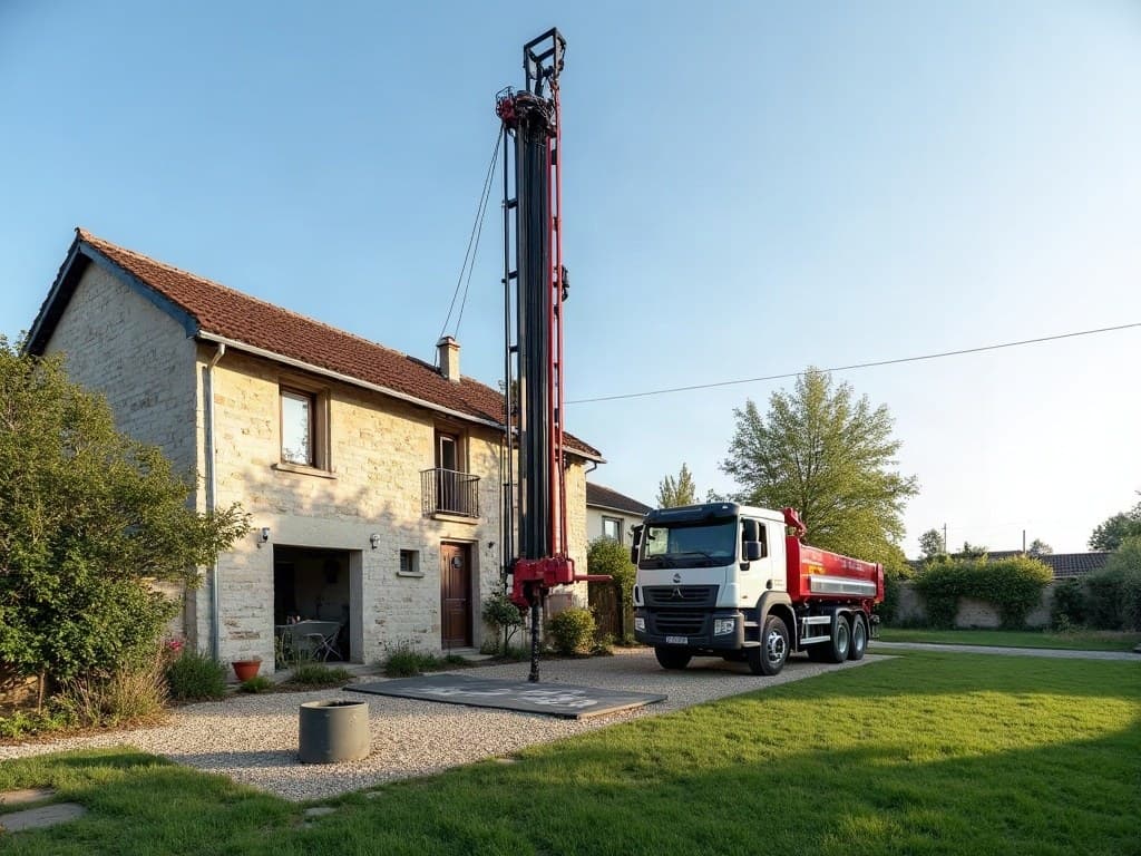 Maison en pierre blonde du Poitou, foreuse au mât dressé pour le forage du doublet géothermique dans le jardin