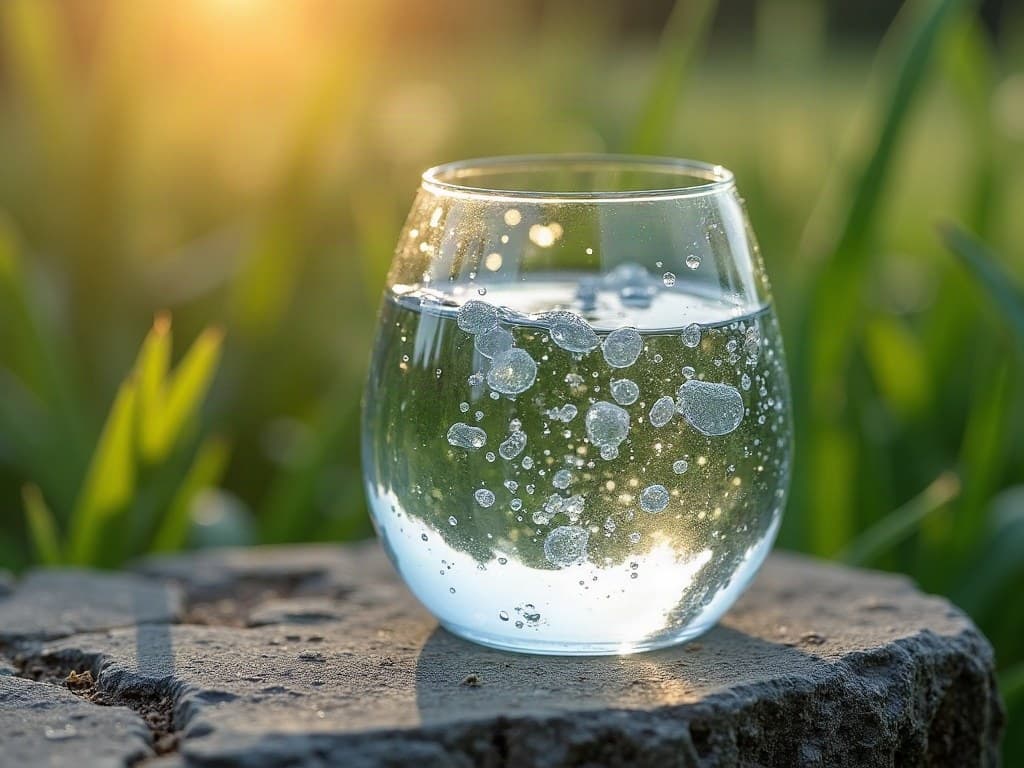 Verre d'eau limpide posé sur une margelle de pierre calcaire, jardin flou en arrière-plan