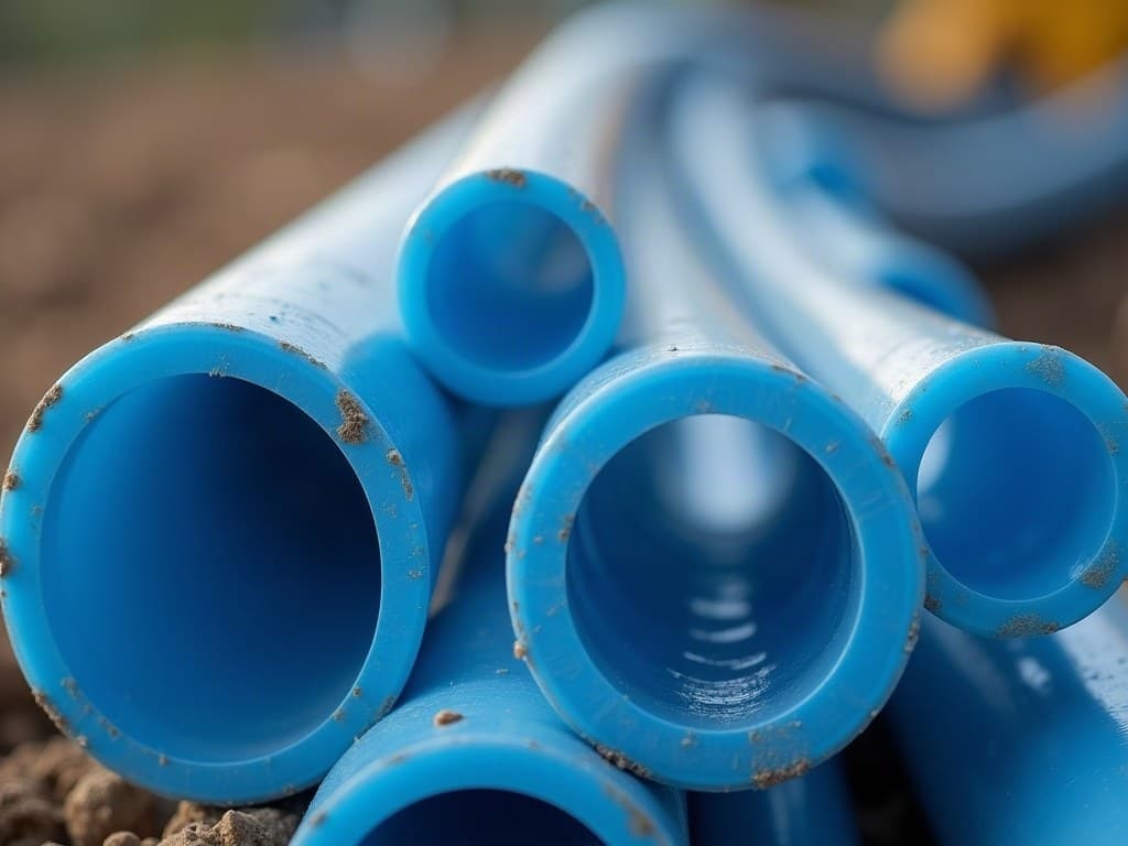 Tubes de tubage en PVC bleu neufs vus de près, coupes nettes, posés sur du gravier