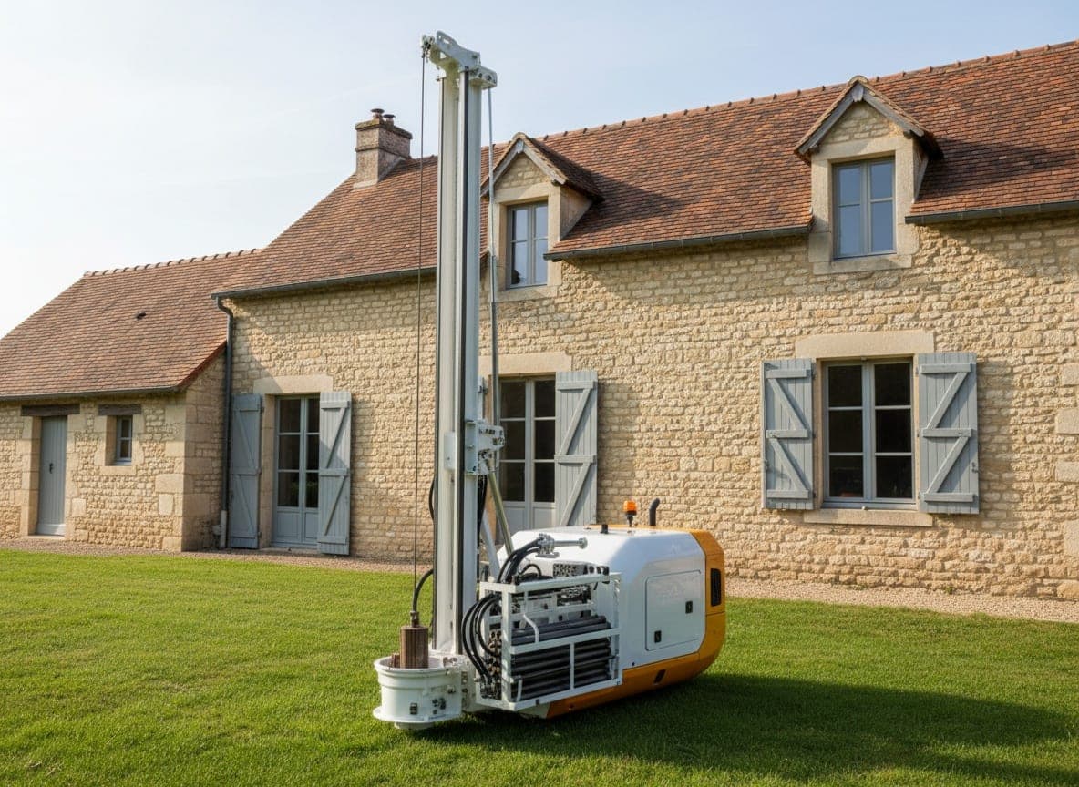 Foreuse moderne au mât dressé sur la pelouse d'une maison en pierre blonde du Poitou, tiges de forage rangées sur la machine