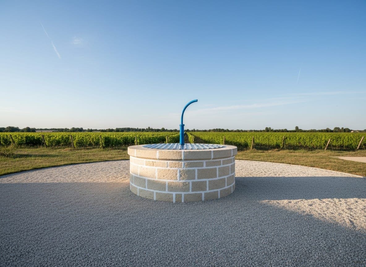 Puits ancien en pierre calcaire de Charente remis en état dans une cour de ferme, couvercle et colonne neufs, vignes au fond