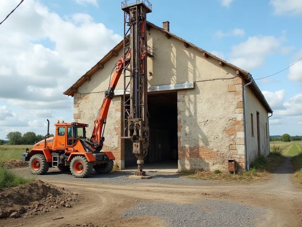 Foreuse au mât dressé devant une grange en pierre, secteur de Châtellerault