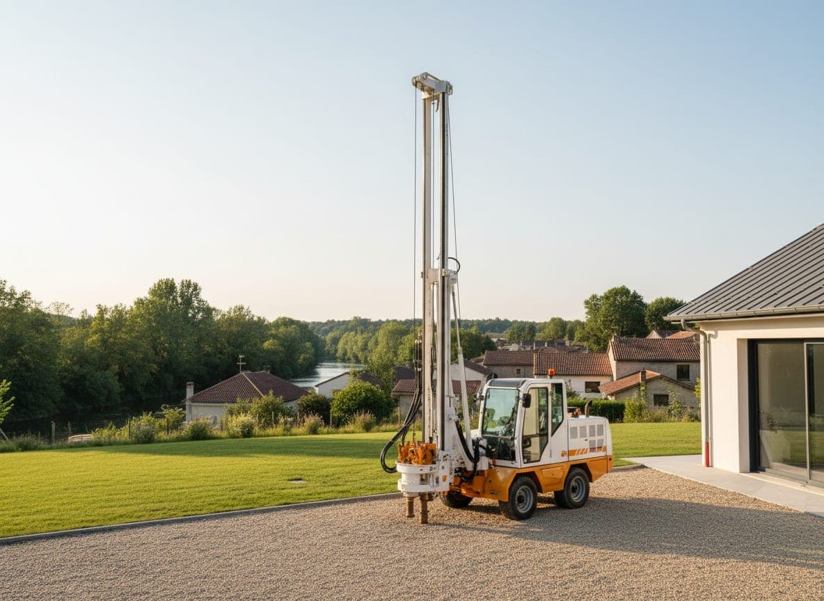 Foreuse moderne au mât dressé sur une aire gravillonnée, en bordure de jardin