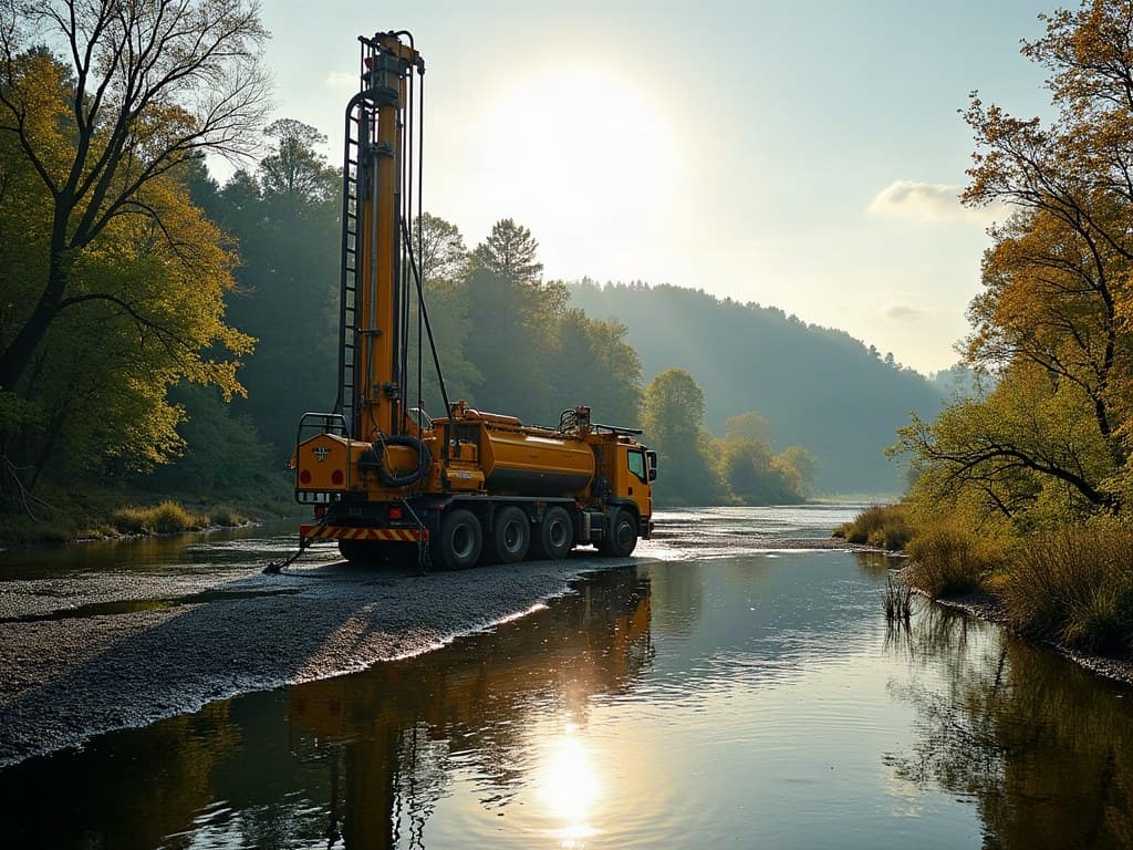 Foreuse à mât vertical dressé en bord de Vienne à Châtellerault, plaine environnante en arrière-plan