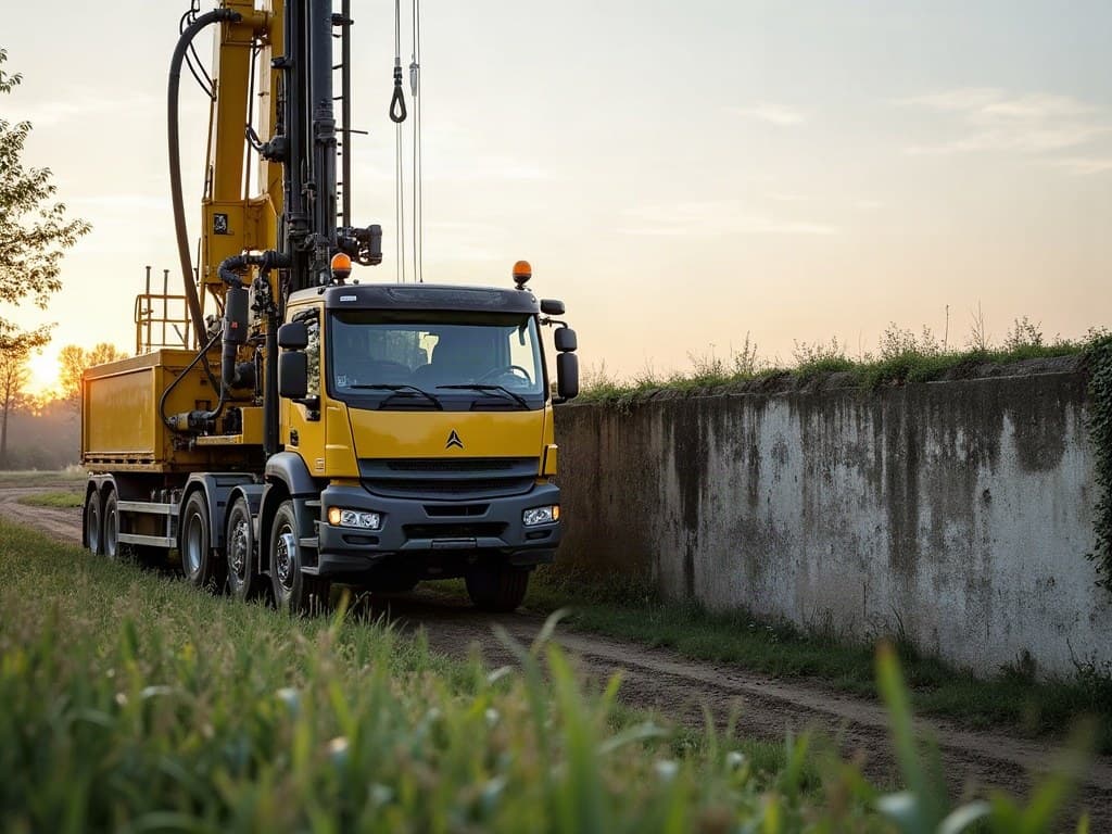 Camion de forage le long d'un mur de pierre, secteur de Chauvigny