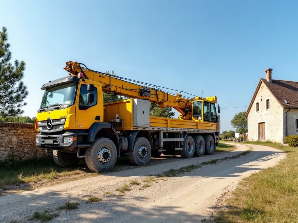 Camion de forage devant une maison en pierre claire du plateau de Chauvigny
