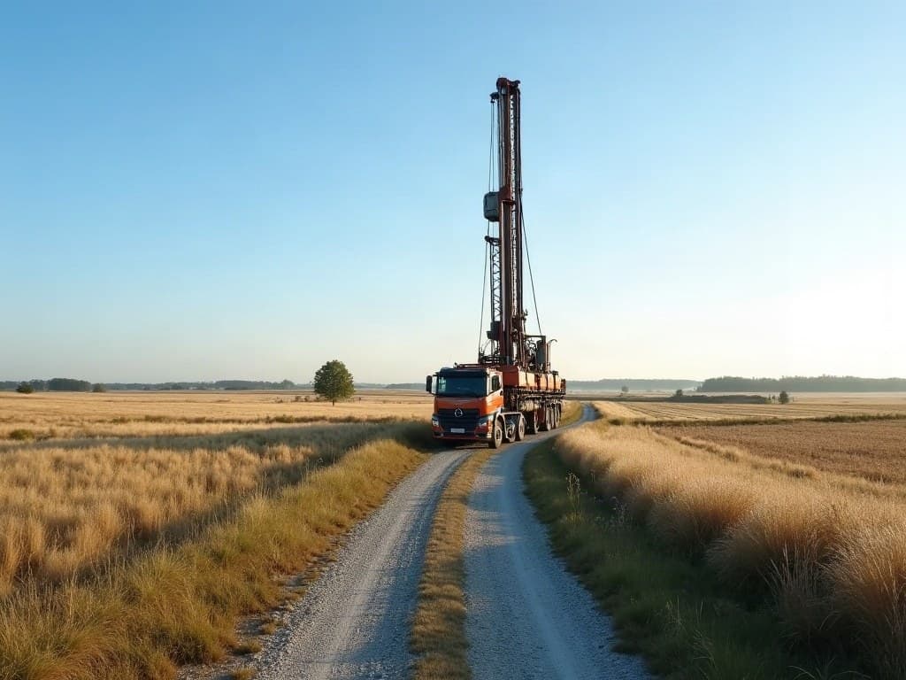 Foreuse au mât dressé sur un chemin en bordure de prairie d'élevage, secteur de Civray