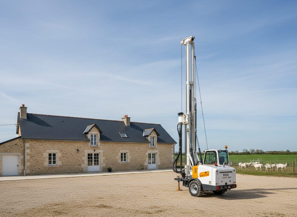 Foreuse au mât dressé dans la cour d'une ferme restaurée en pierre calcaire