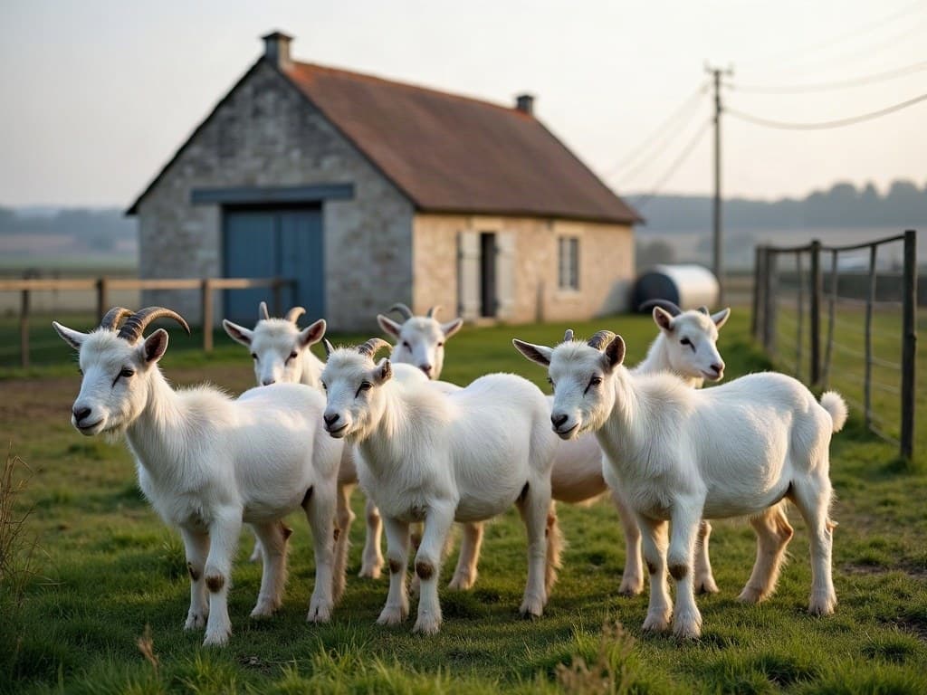 Chèvres au pré devant un bâtiment d'élevage en pierre, secteur de Civray, lumière de matin