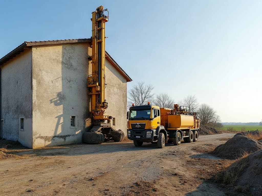 Foreuse au mât dressé devant un chai aux murs clairs, secteur de Cognac