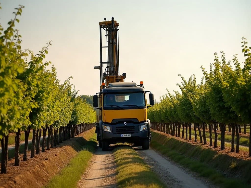 Camion de forage au mât dressé au bout d'une allée de vignes, chai en pierre blonde, secteur de Cognac