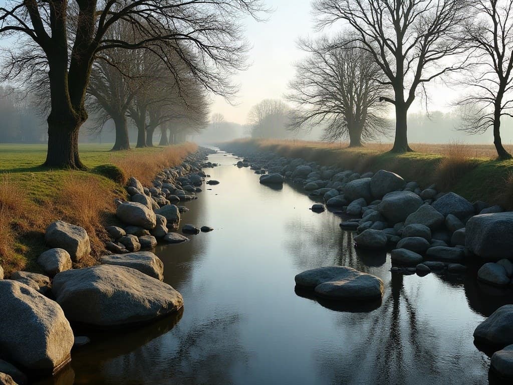 La Vienne bordée de rochers de granite gris et d'arbres, reflets du matin, secteur de Confolens