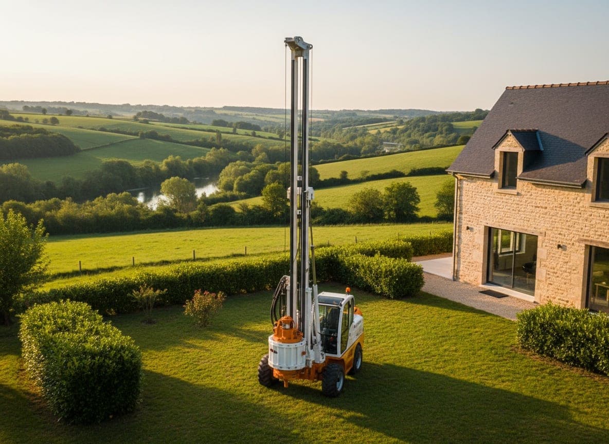 Foreuse au mât dressé dans le jardin d'une maison en pierre du Confolentais, bocage et vallée en contrebas