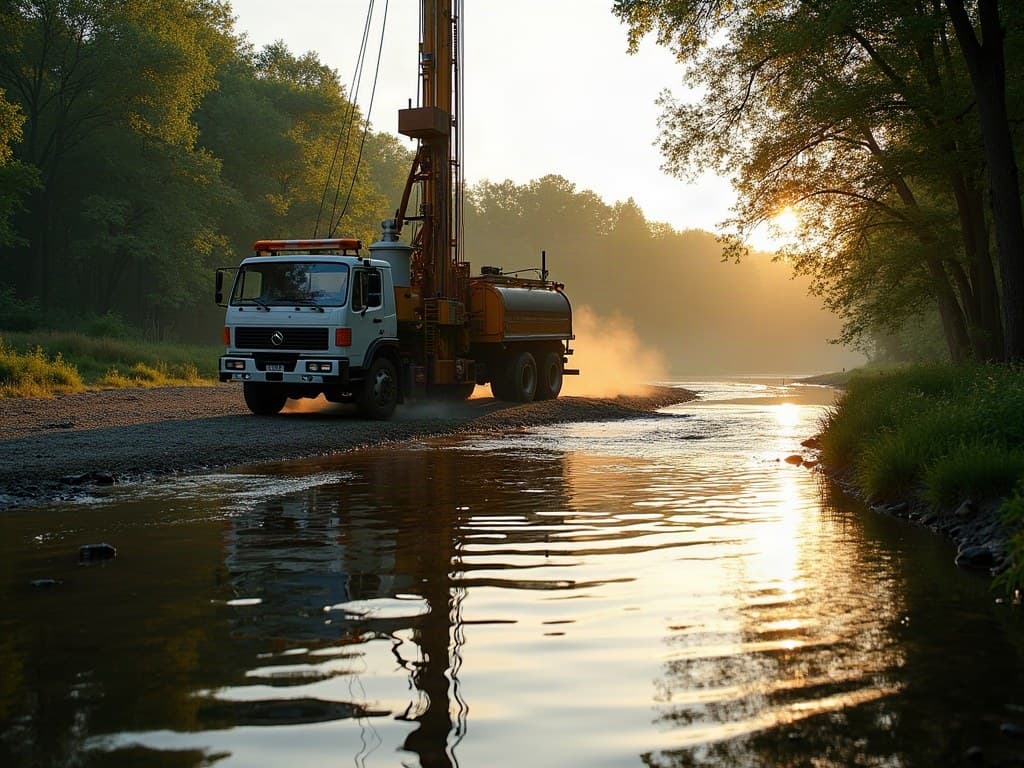 Foreuse au mât dressé au bord de la Vienne, confluent de Confolens, fin d'après-midi