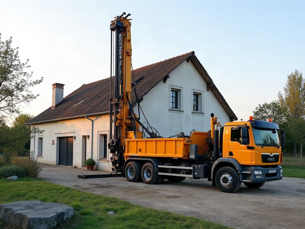 Foreuse au mât dressé garée devant un pavillon récent, Jaunay-Marigny, fin d'après-midi