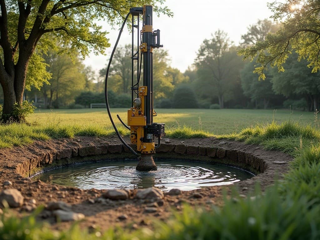 Foreuse au mât dressé près d'un point d'eau, secteur de Loudun