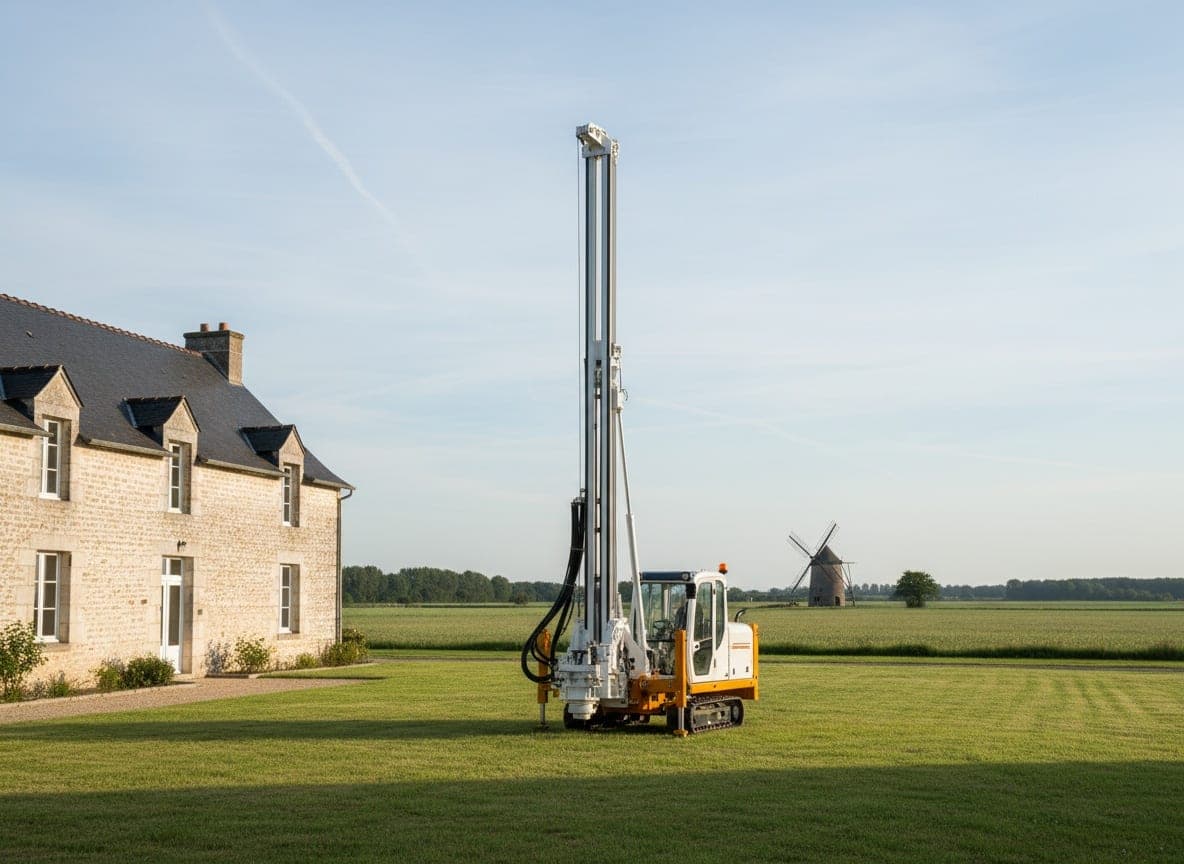 Foreuse au mât dressé sur la pelouse d'une ferme en tuffeau du Loudunais, moulin à vent au loin