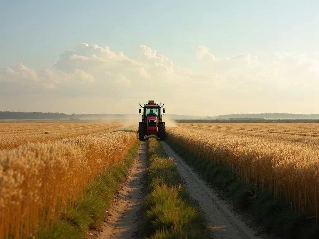 Plaine céréalière du Loudunais, engin agricole au loin, lumière de matin
