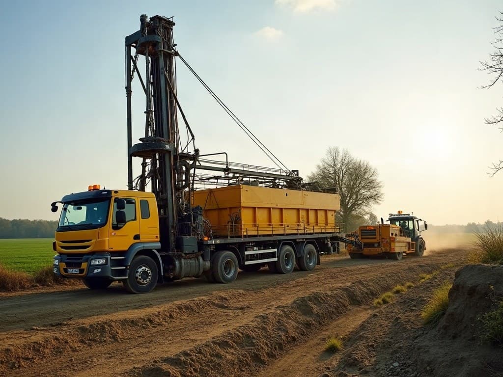 Foreuse à mât vertical en action en bordure de Poitiers, plaine du Seuil du Poitou en arrière-plan