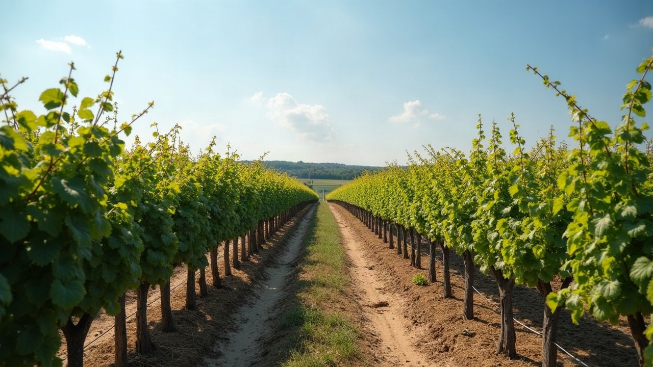 Rangs de vigne du secteur de Cognac sous un ciel dégagé, point de captage discret visible en arrière-plan près d'un muret de pierre, aucune personne visible