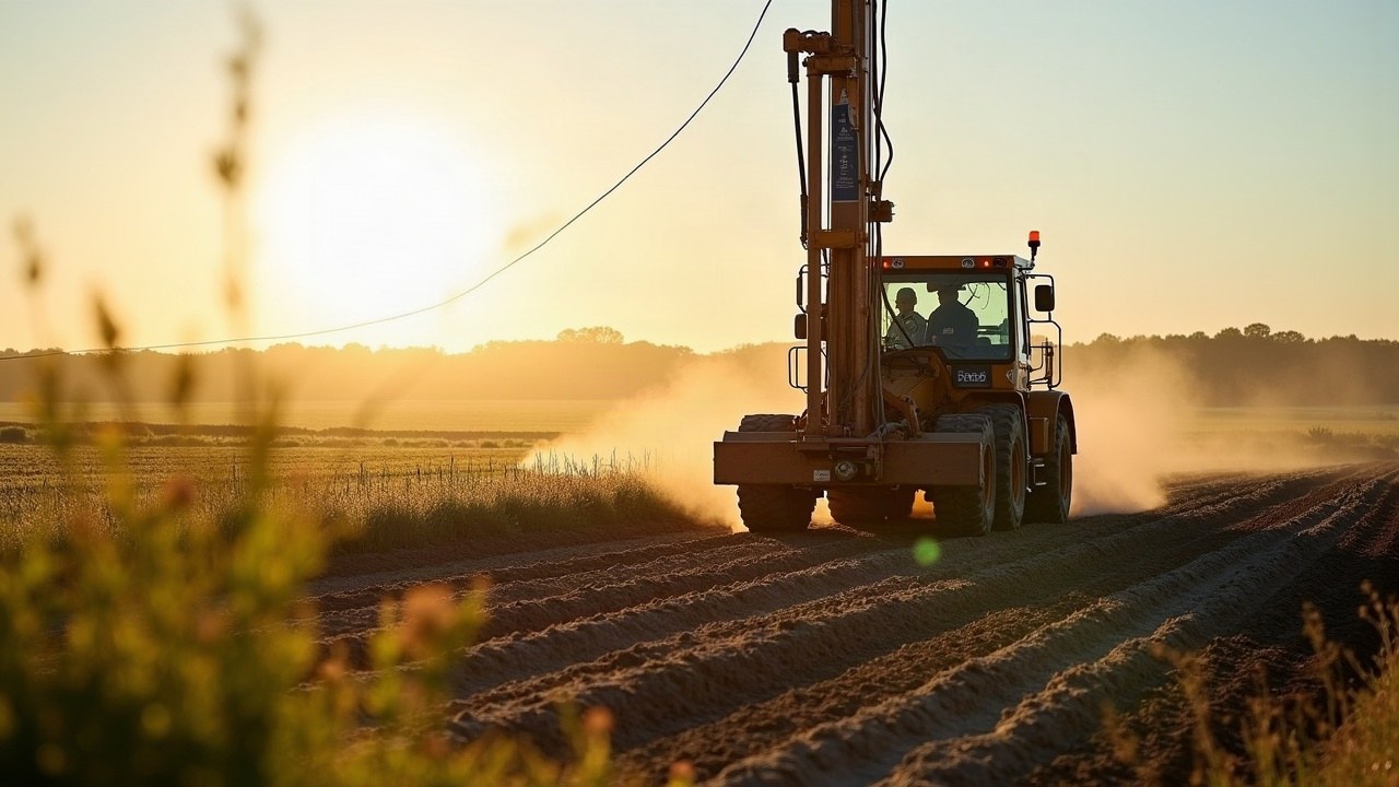 Foreuse à mât vertical en action sur un terrain agricole du Civraisien, plaine de bocage à l'horizon, aucune personne visible
