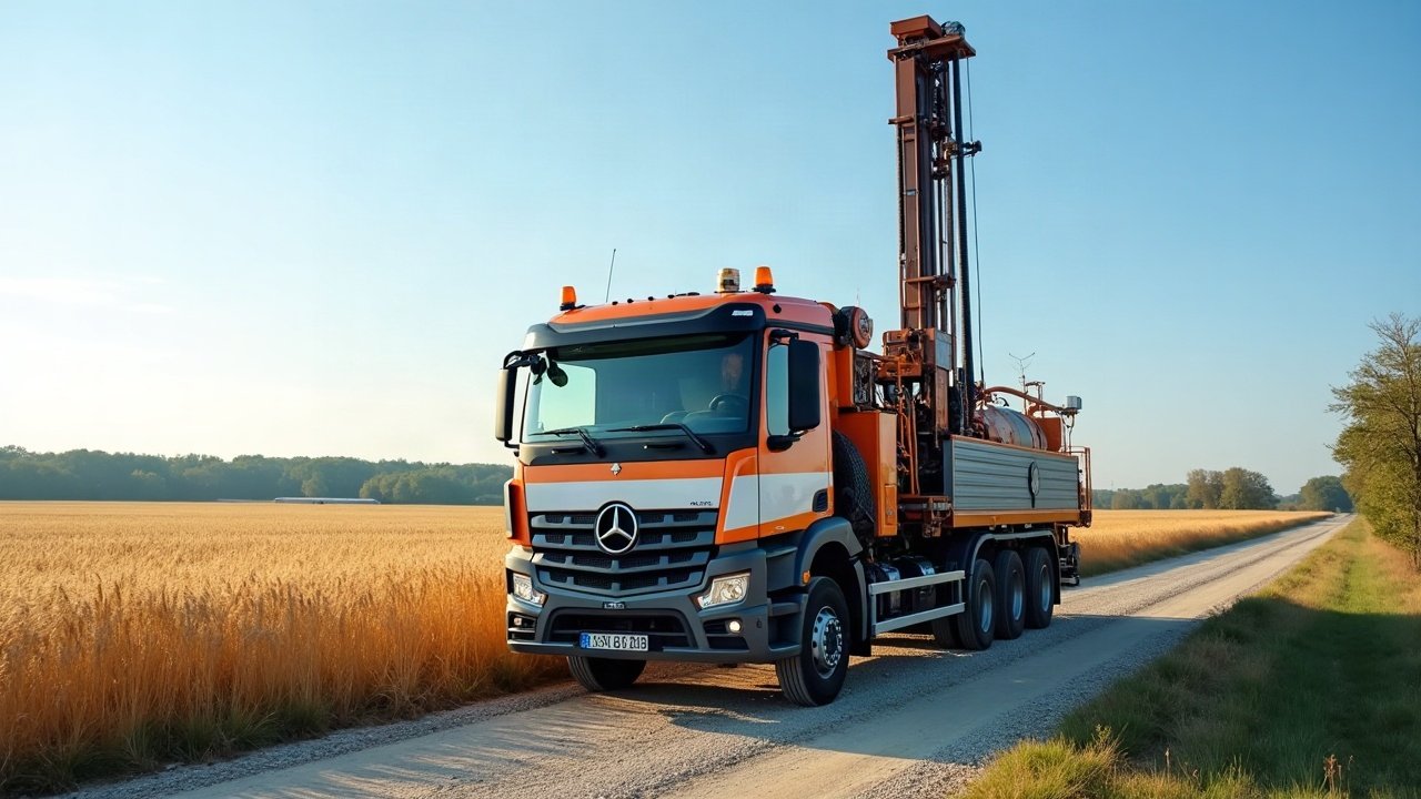Camion de forage au mât vertical dressé, à l'arrêt sur un chemin entre deux champs de céréales du Seuil du Poitou