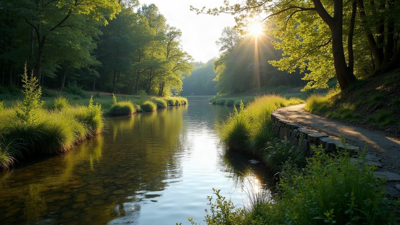 Berge végétalisée d'une rivière calme du Poitou, ripisylve dense en bordure de l'eau, lumière de fin de journée, aucune personne visible