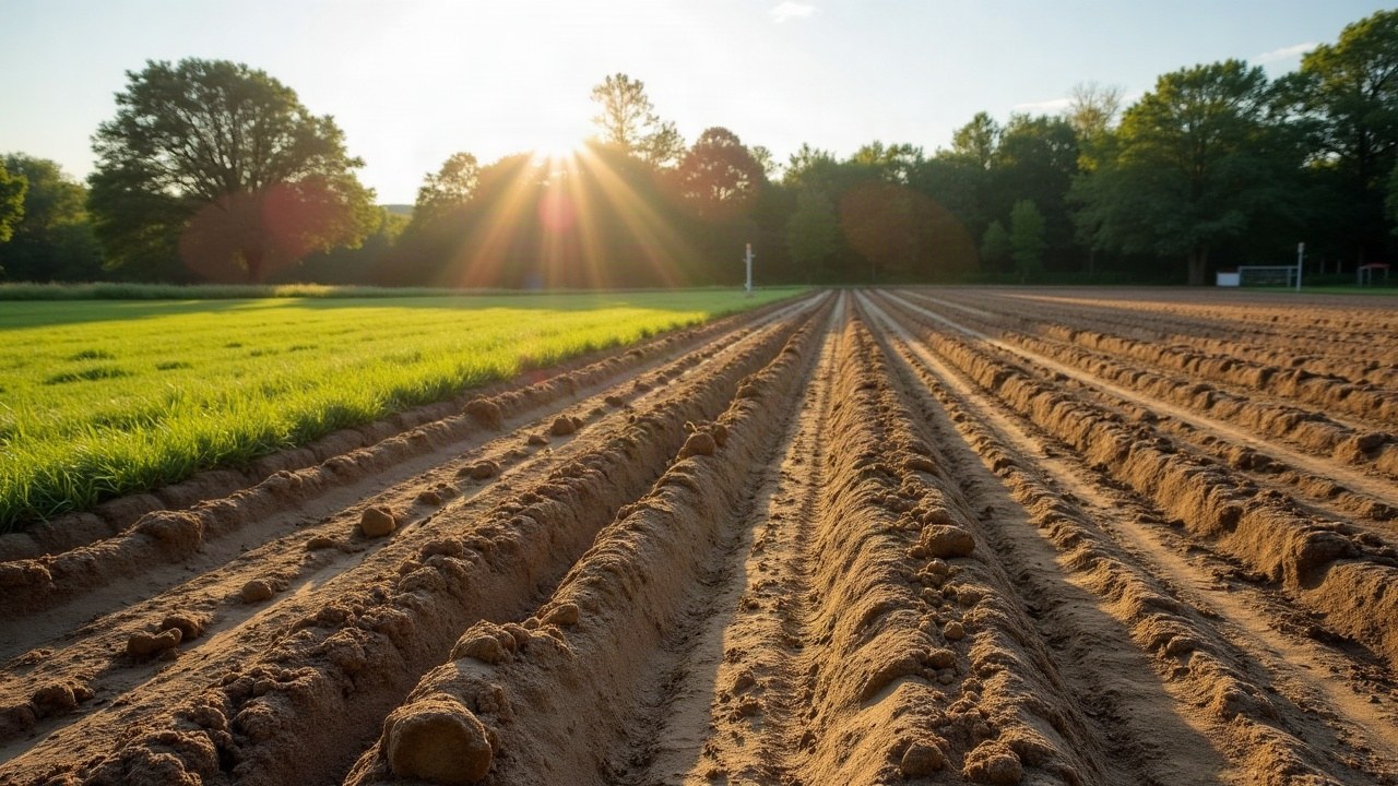 Champ agricole du Seuil du Poitou en fin d'été, terre sèche craquelée au premier plan, puits domestique visible au loin dans un jardin, aucune personne visible